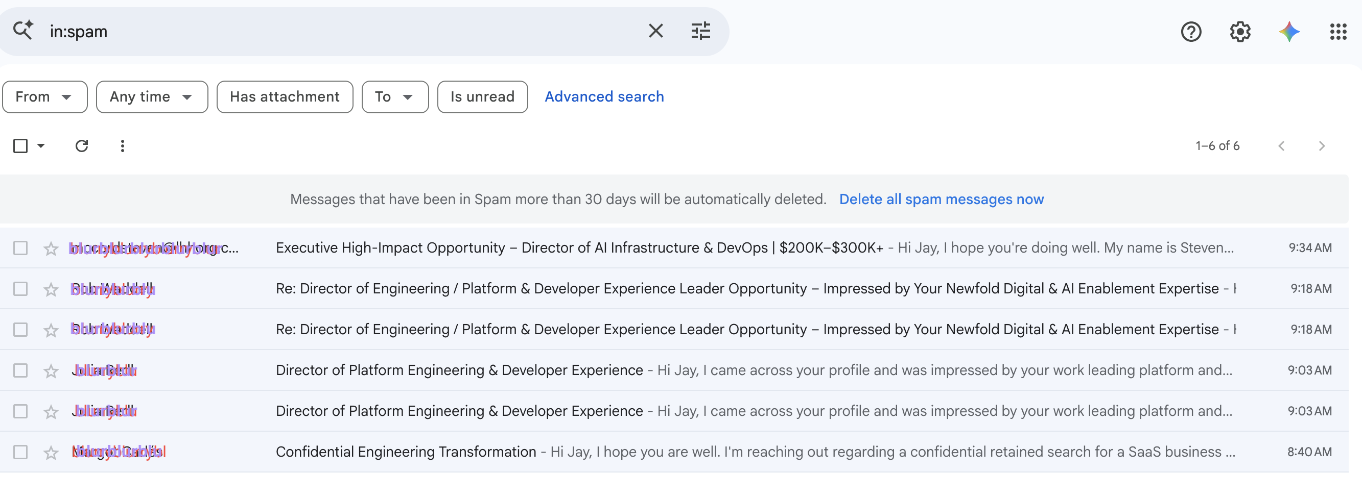 A spam folder filled with fraudulent recruiting messages
